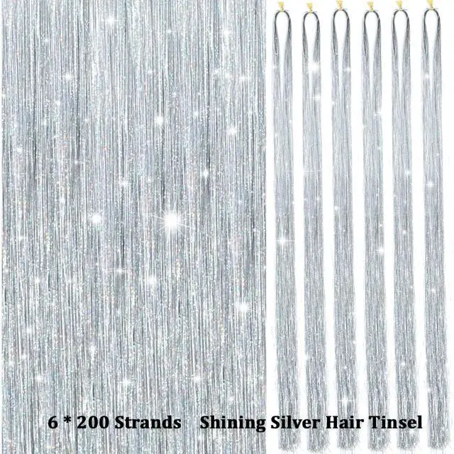 Alt view image 5 of 7 - Hair Tinsel Kit with Tools, 48 Inch, 1200 Strands, Glitter Tinsel Extensions, Sparkling Shiny, Heat Resistant, for Women & Girls, 6 Pcs, Silver