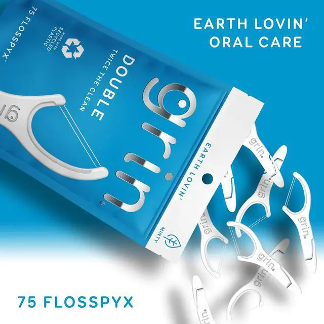 Alt view image 2 of 5 - GRIN Double Flosspyx Floss Picks, Mint Flavor, 75 Count, Recycled Plastic, 2-Line Floss