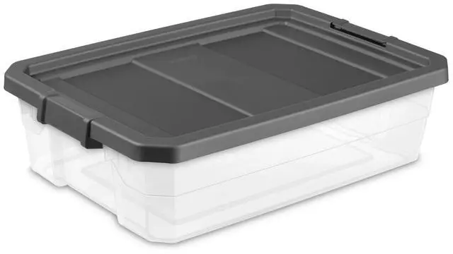 Main image of Sterilite 40 Quart Medium Stackable Storage Bin with Latch Lid, Clear Plastic Underbed Storage Container, Dark Gray