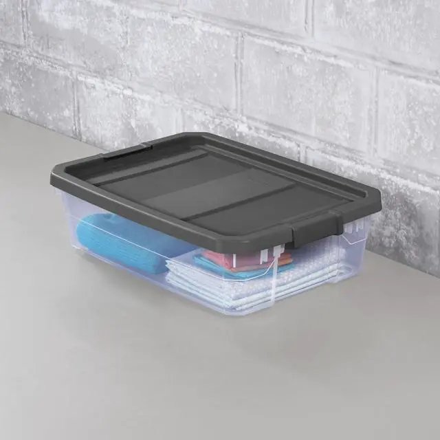 Alt view image 6 of 6 - Sterilite 40 Quart Medium Stackable Storage Bin with Latch Lid, Clear Plastic Underbed Storage Container, Dark Gray