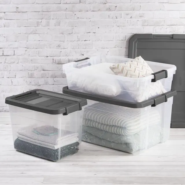 Alt view image 3 of 6 - Sterilite 40 Quart Medium Stackable Storage Bin with Latch Lid, Clear Plastic Underbed Storage Container, Dark Gray