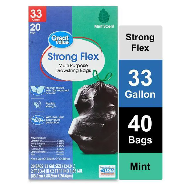 Main image of Great Value Strong Flex 33 gal Mint Scent Drawstring Trash Bags, 20 Count