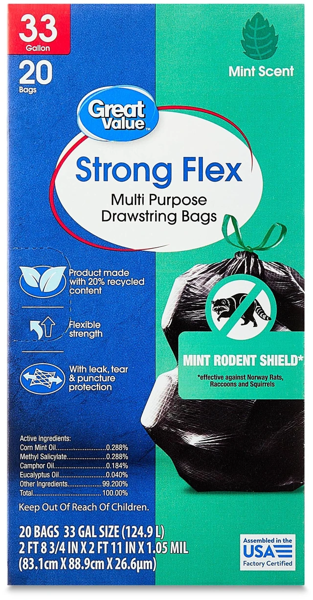 Alt view image 4 of 6 - Great Value Strong Flex 33 gal Mint Scent Drawstring Trash Bags, 20 Count