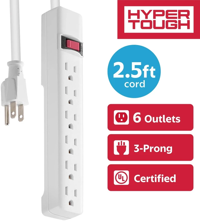 Main image of Hyper Tough 6-Outlet Indoor Power Strip with 2.5 ft Extension Cord, White, ETL Certified