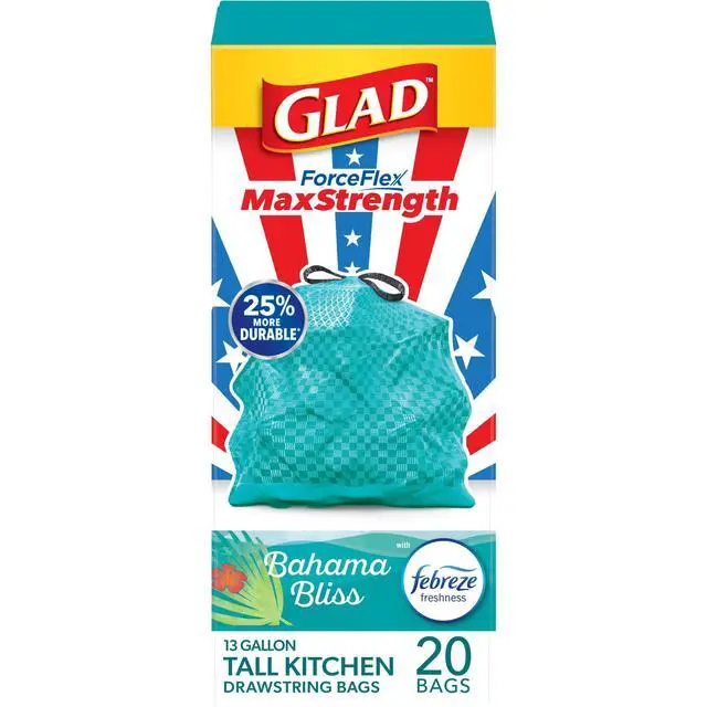 Main image of Glad ForceFlex MaxStrength 13-Gallon Tall Kitchen Drawstring Trash Bags, Teal, Febreze Freshness Bahama Bliss Scent, 20 Count