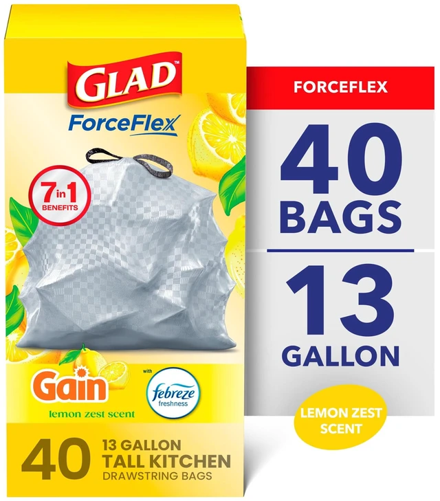 Main image of Glad ForceFlex Tall Kitchen Trash Bags, 13-Gallon, Drawstring, Gain Lemon Zest Scent, 40 Bags