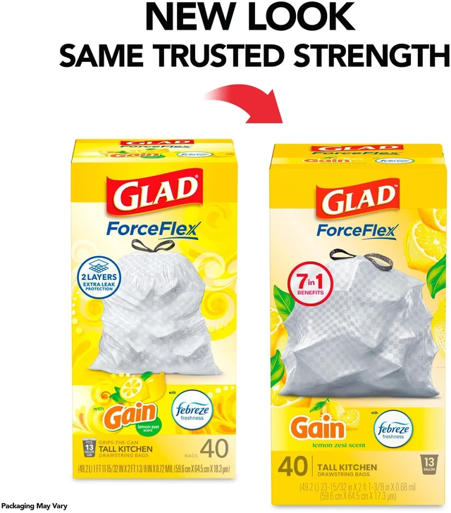Alt view image 3 of 5 - Glad ForceFlex Tall Kitchen Trash Bags, 13-Gallon, Drawstring, Gain Lemon Zest Scent, 40 Bags