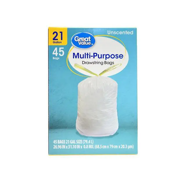 Main image of Great Value 45 Count Unscented 21 Gallon Drawstring Trash Bags