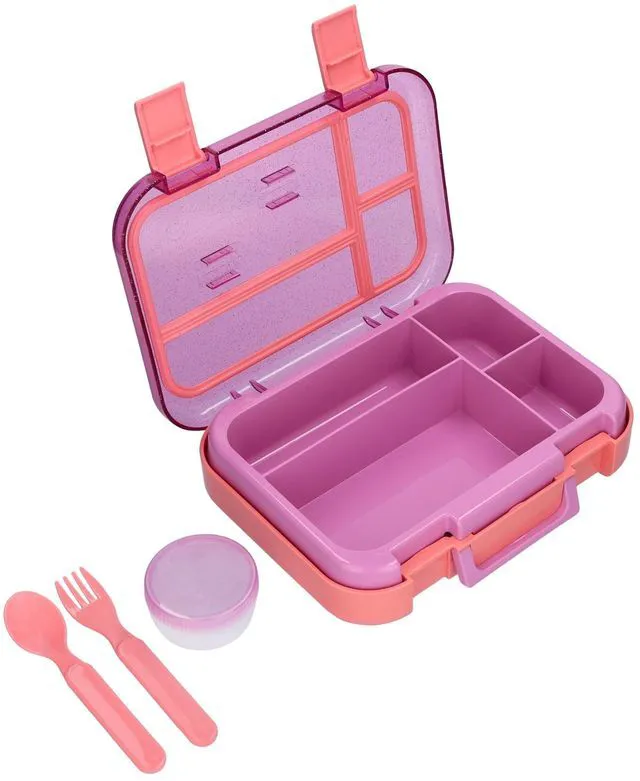 Main image of Mainstays Kids 4-Compartment Plastic Bento Box with Removable Tray, Fork, Spoon and Dressing Container, Pink Glitter