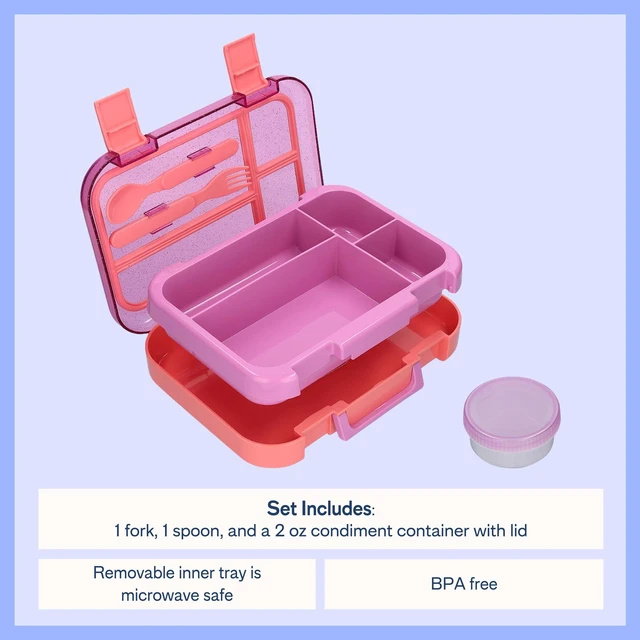 Alt view image 4 of 6 - Mainstays Kids 4-Compartment Plastic Bento Box with Removable Tray, Fork, Spoon and Dressing Container, Pink Glitter