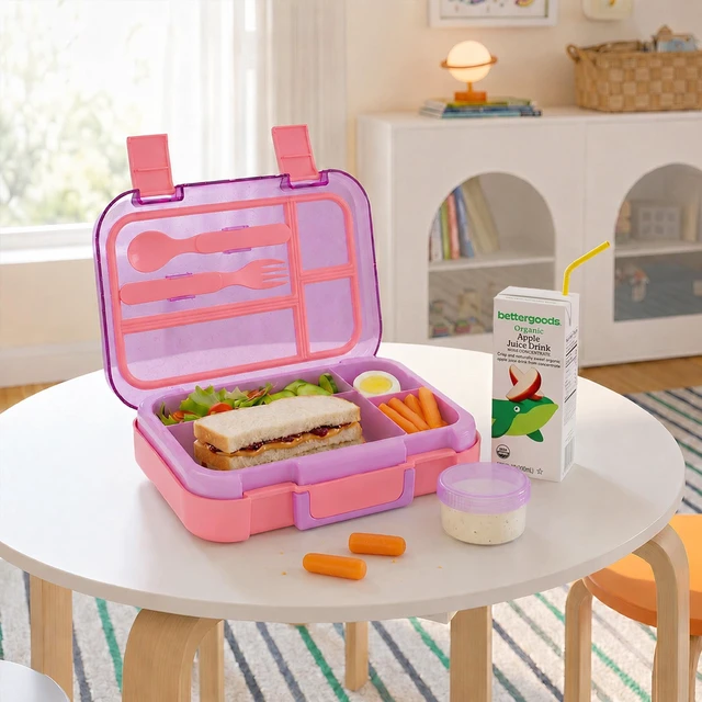Alt view image 5 of 6 - Mainstays Kids 4-Compartment Plastic Bento Box with Removable Tray, Fork, Spoon and Dressing Container, Pink Glitter