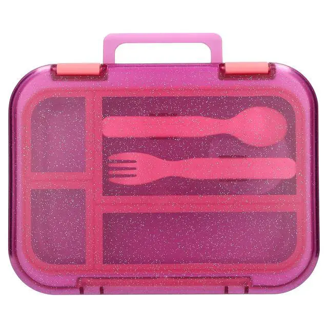Alt view image 2 of 6 - Mainstays Kids 4-Compartment Plastic Bento Box with Removable Tray, Fork, Spoon and Dressing Container, Pink Glitter