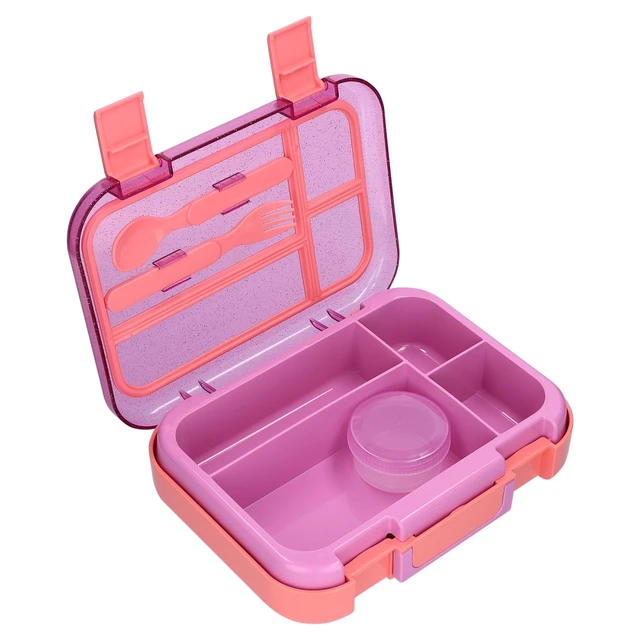 Alt view image 6 of 6 - Mainstays Kids 4-Compartment Plastic Bento Box with Removable Tray, Fork, Spoon and Dressing Container, Pink Glitter