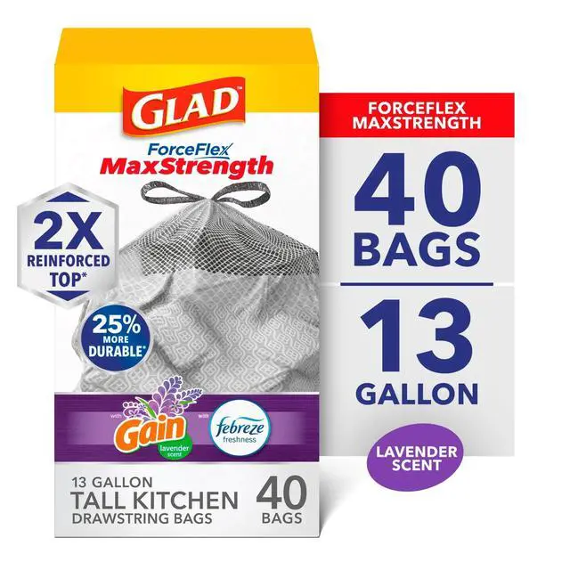Main image of Glad ForceFlex MaxStrength 13-Gallon Tall Kitchen Drawstring Trash Bags, Gain Lavender Scent, 40 Bags
