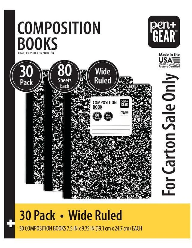 Alt view image 3 of 5 - Pen+Gear Wide Ruled Composition Book, 7.5" x 9.75", Black and White Marble, 80 Sheets, 30 Count Pack