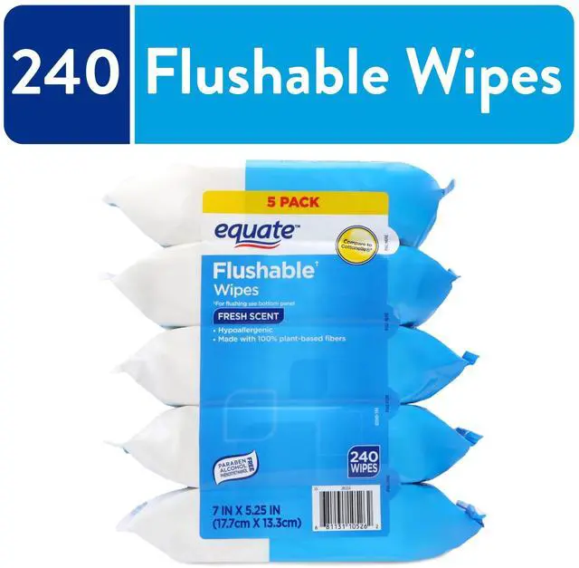 Main image of Equate Flushable Cleansing Cloths, Fresh Scent, 5 Resealable Packs of 240 Wipes