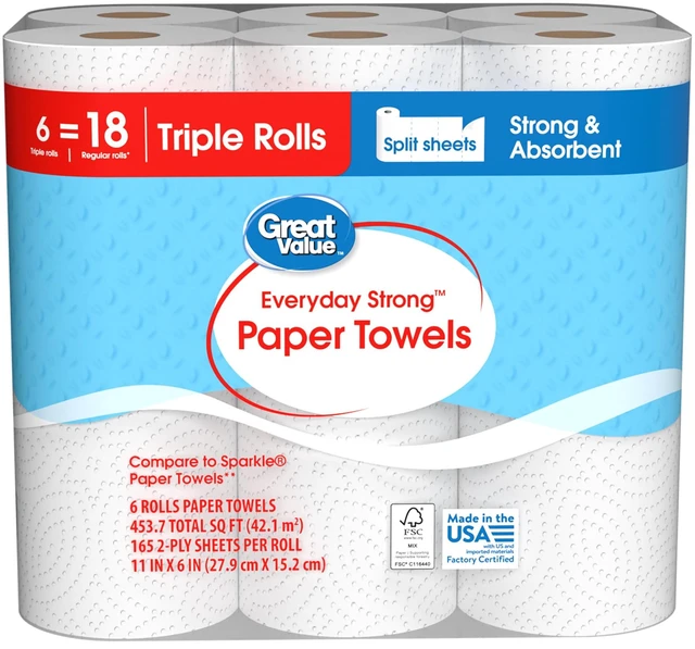 Alt view image 6 of 6 - Great Value Everyday Strong Split Sheets Paper Towels, 6 Triple Rolls