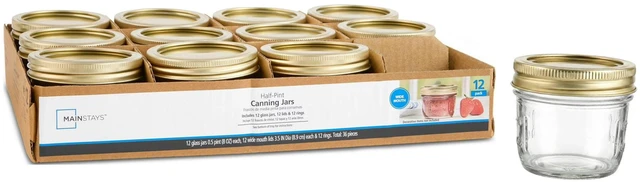 Main image of Mainstays 8 oz Wide Mouth Half Pint Mason Canning Jars with Lids and Rings, 12-Pack Small Glass Jars for Home Canning and Meal Prep