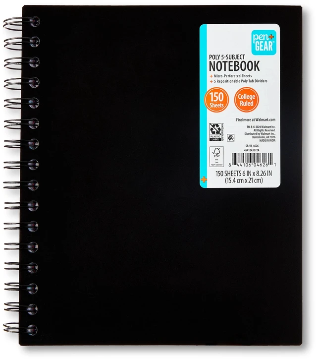 Main image of Pen+Gear 5-Subject College Ruled Poly Notebook, 150 Sheets, 6" x 8.26", Black