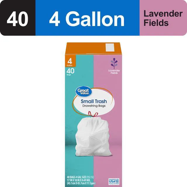 Alt view image 5 of 6 - Great Value Drawstring Trash Bags, 4 Gallon, White/Lavender Fields, 40 Count
