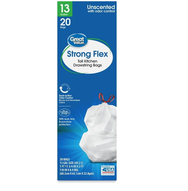 Alt view image 4 of 6 - Great Value Strong Flex Tall Kitchen Drawstring Bags, Unscented, 13Gallon, 20Count
