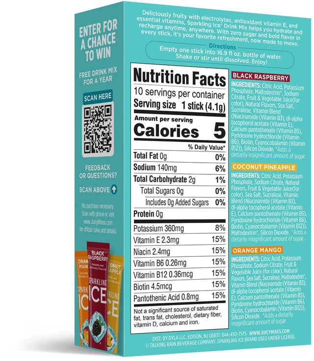Alt view image 4 of 6 - Sparkling Ice Zero Sugar Powder Drink Mix Variety Pack, Orange Mango, Black Raspberry and Coconut Pineapple, 10 Sticks