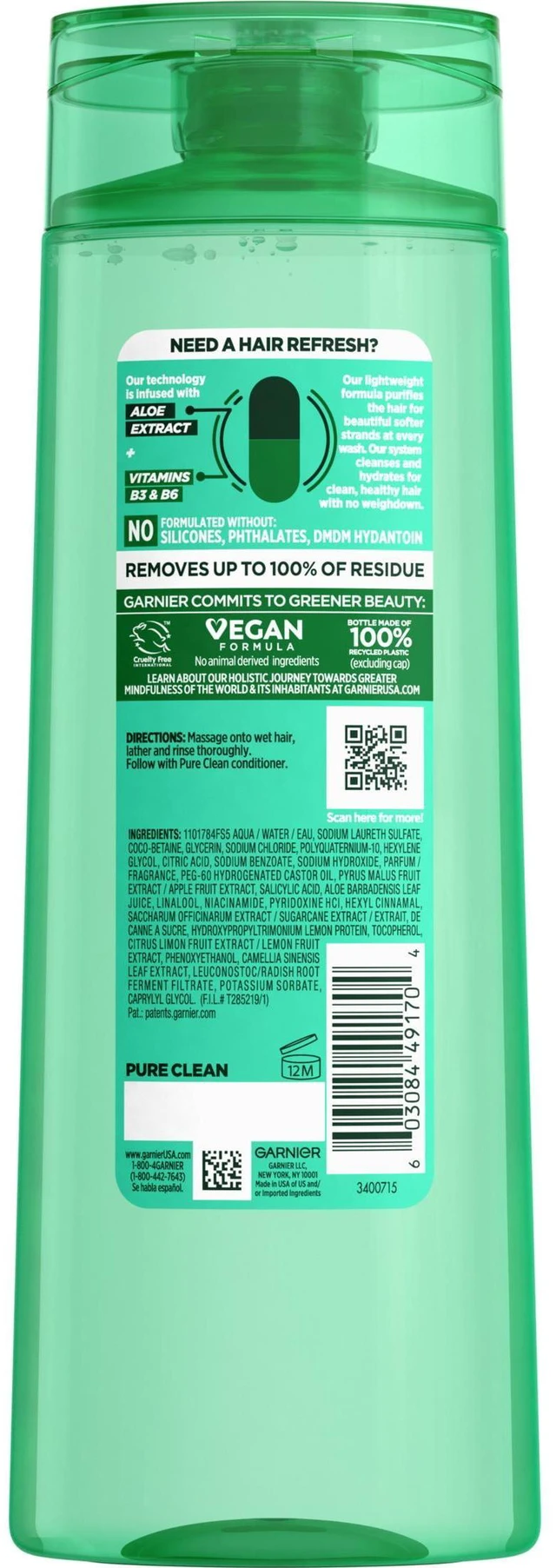 Alt view image 4 of 5 - Garnier Fructis Pure Clean Purifying Shampoo, 12.5 fl oz, with Vitamins B3 & B6, All Hair Types
