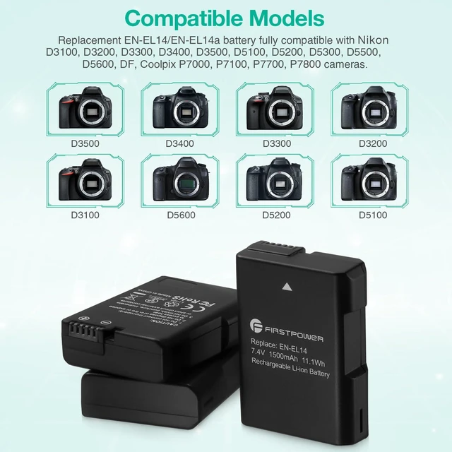 Alt view image 2 of 6 - FirstPower EN-EL14/EN-EL14a Battery 3-Pack with Triple Slot Charger for Nikon