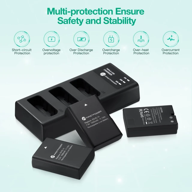 Alt view image 4 of 6 - FirstPower EN-EL14/EN-EL14a Battery 3-Pack with Triple Slot Charger for Nikon