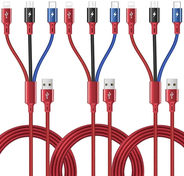 Main image of 3-Pack 5ft 3-in-1 Braided Fast Charging Cable, Type-C/Micro USB, for iPhone 17 16 15 14 13, Samsung, PS, Tablets & More