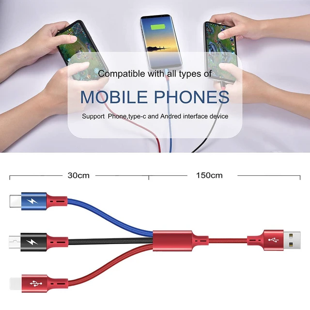 Alt view image 4 of 6 - 3-Pack 5ft 3-in-1 Braided Fast Charging Cable, Type-C/Micro USB, for iPhone 17 16 15 14 13, Samsung, PS, Tablets & More