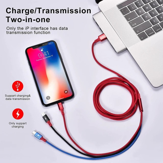 Alt view image 5 of 6 - 3-Pack 5ft 3-in-1 Braided Fast Charging Cable, Type-C/Micro USB, for iPhone 17 16 15 14 13, Samsung, PS, Tablets & More