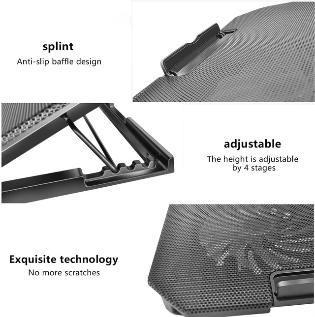 Alt view image 7 of 7 - Laptop Cooling Pad, 2 Quiet Fans, LED Lights, 2 USB Ports, 5 Adjustable Height and Speed Mounts, Metal Mesh Design, for 9"-17" Laptops (Black)