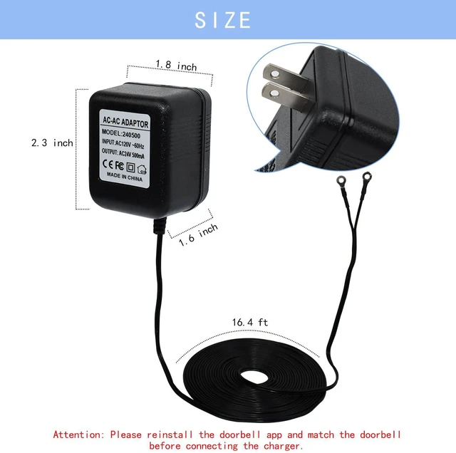 Alt view image 4 of 6 - 24V Transformer Doorbell Power Adapter Compatible with Google Nest, Wyze, Eufy Video Doorbells, C Wire Adapter with 16.4ft/5m Extension Cable