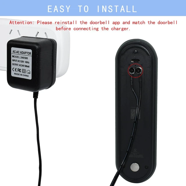 Alt view image 5 of 6 - 24V Transformer Doorbell Power Adapter Compatible with Google Nest, Wyze, Eufy Video Doorbells, C Wire Adapter with 16.4ft/5m Extension Cable