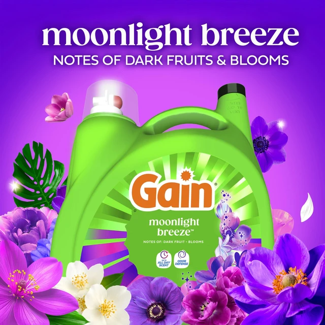 Alt view image 2 of 6 - Gain Liquid Laundry Detergent with Odor Defense, Moonlight Breeze Scent, for HE Washing Machines, 132 fl oz, 100 Loads (Packaging May Vary)