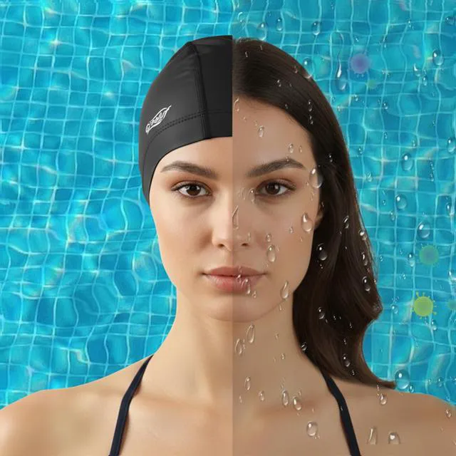 Alt view image 5 of 7 - High Elasticity Fabric Swim Cap, One Size Fits Women, Girls, Men, Kids, Breathable, Keeps Hair Clean for Long and Short Hair