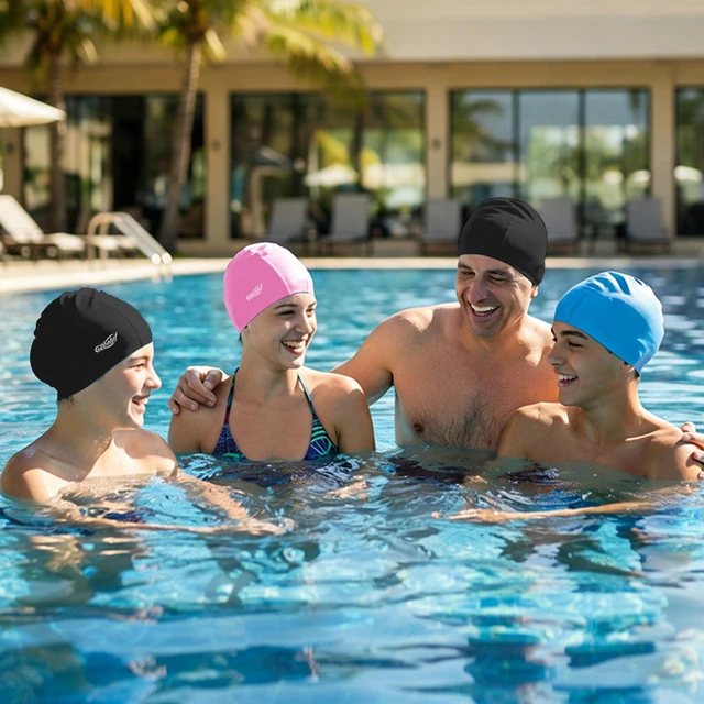 Alt view image 3 of 7 - High Elasticity Fabric Swim Cap, One Size Fits Women, Girls, Men, Kids, Breathable, Keeps Hair Clean for Long and Short Hair