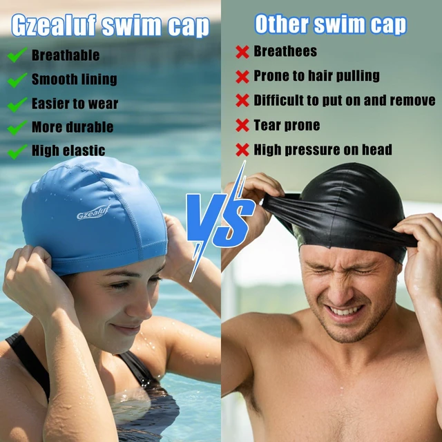 Alt view image 4 of 7 - High Elasticity Fabric Swim Cap, One Size Fits Women, Girls, Men, Kids, Breathable, Keeps Hair Clean for Long and Short Hair