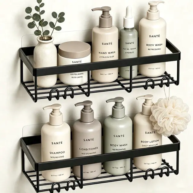 Main image of Moforoco Shower Caddy Shelf Organizer Rack, Self Adhesive Black Bathroom Basket, Home Farmhouse Wall Inside Organization Storage Decor, RV Camper Apartment Essentials