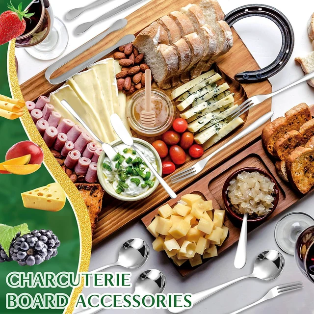 Alt view image 5 of 7 - 18 Pieces Silver Stainless Steel Charcuterie Board Accessories Set with Spreader Knives, Mini Serving Tongs, Spoons, Forks and Honey Dippers