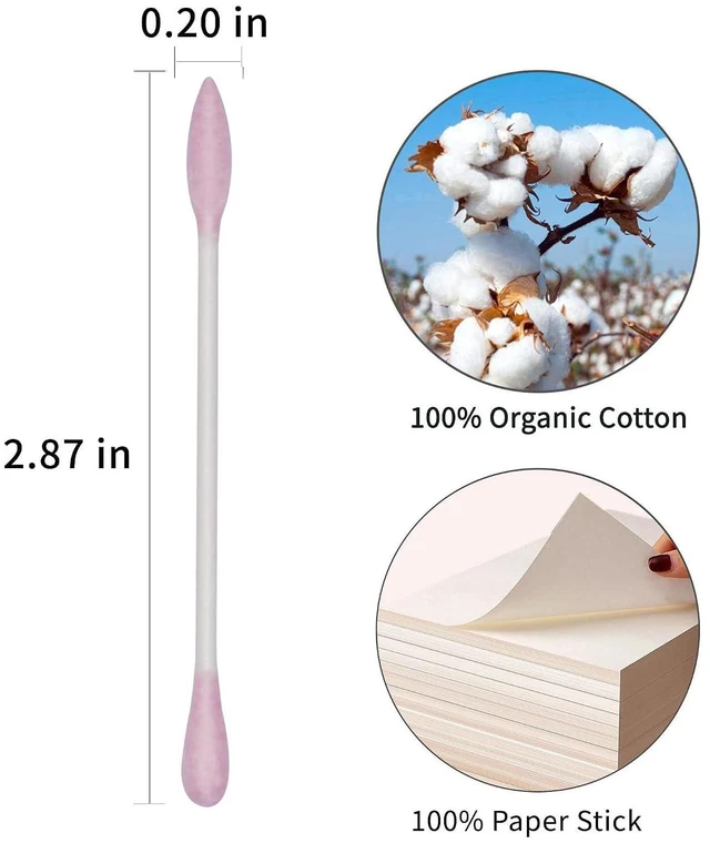 Alt view image 4 of 7 - Precision Pointed Cotton Swabs - 200 Count, Organic Cotton, Double Side Tightly Wrapped, Paper Stick, Soft, Gentle, Lint-Free, Cruelty-Free, Pointy & Round (Pink)