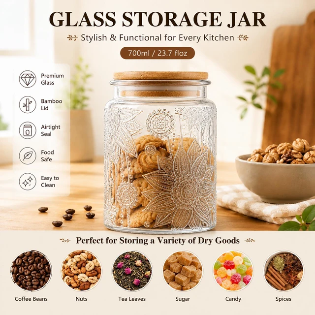 Alt view image 6 of 6 - Custde Vintage Glass Jar with Lid, 23.7oz, Airtight Food Storage, Canister for Sugar, Coffee, Tea, Spice, Flour, Candy, Cookie, Pasta, Cereal, Sunflower Decorative Jar, 1