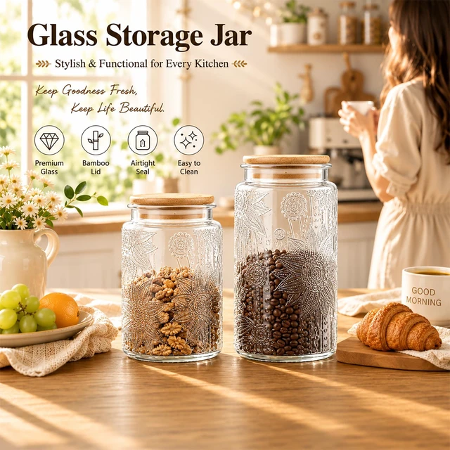 Alt view image 5 of 6 - Custde Vintage Glass Jar with Lid, 23.7oz, Airtight Food Storage, Canister for Sugar, Coffee, Tea, Spice, Flour, Candy, Cookie, Pasta, Cereal, Sunflower Decorative Jar, 1