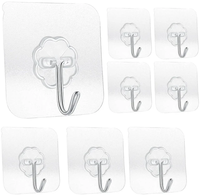 Main image of Adhesive Hooks Heavy Duty 33lb (Max) 15kg Waterproof Oilproof Reusable Seamless Wall Hooks for Kitchen Bathroom Office, Transparent Small 8 Pack