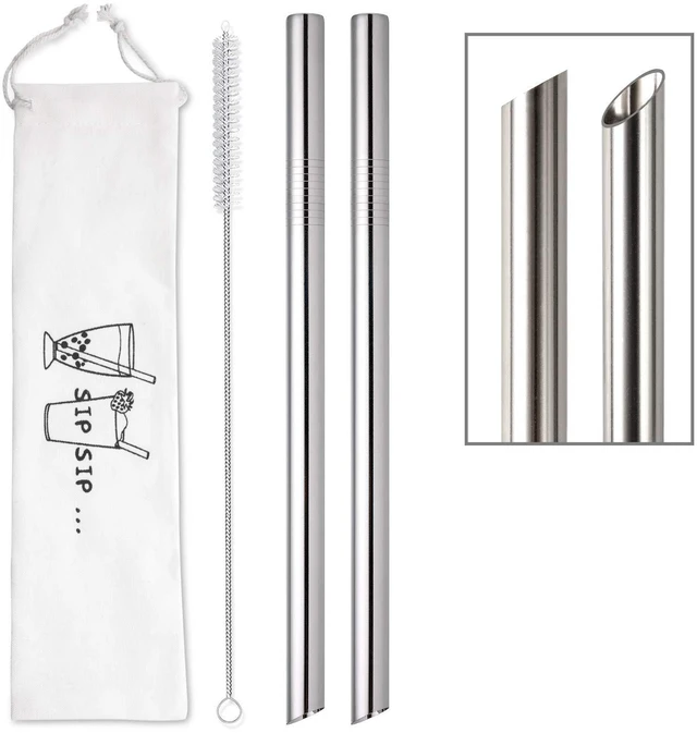 Main image of 2Pcs Angled Tips Jumbo Reusable Stainless Steel Bubble Tea Straws 0.5" Wide with 1 Cleaning Brush & 1 Case for Boba Tapioca Pearl Milkshakes Smoothies