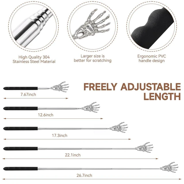 Alt view image 7 of 7 - 3 Pack Stainless Steel Telescoping Back Scratcher Set with Bear Claw, Skeleton Hand, and Paw Design, Black Handle, Storage Pouch