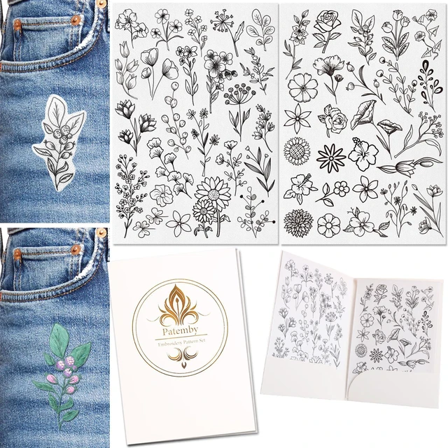 Main image of Patemby 50-Pack Water Soluble Embroidery Stabilizers Stick and Stitch Pre-Printed Pattern Designs Stencils Transfers for Hand Sewing Beginners