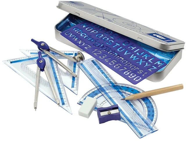 Alt view image 2 of 5 - STAEDTLER 10-Piece Math Set with Metal Compass, 6" Ruler & Triangle Squares, 45 & 30/60 Set Squares, Alphabet Stencil - Measuring Tools