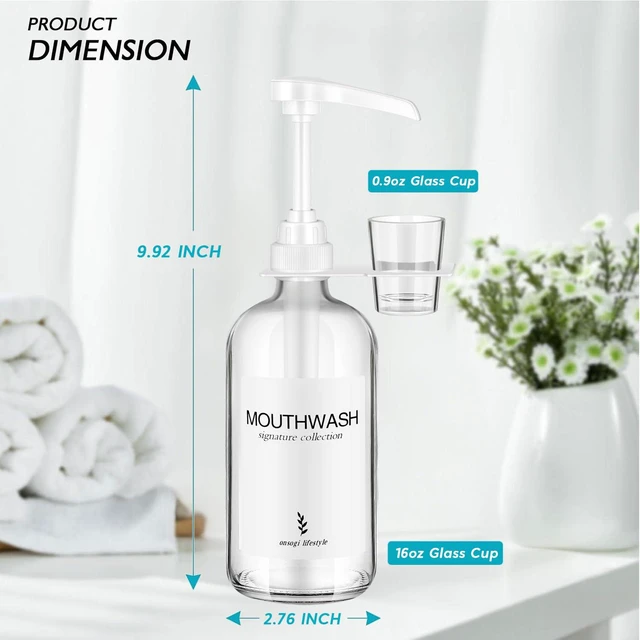 Alt view image 3 of 6 - Glass Mouthwash Dispenser with Cup Holder and Pump, 16Oz, Clear, 1 Pack, Rustic Boho Bathroom Farmhouse Decor